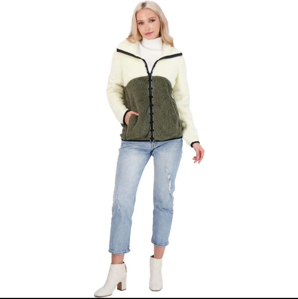 Lucky Brand Women's Faux Shearling Colorblock Jacket with Stand Collar #499